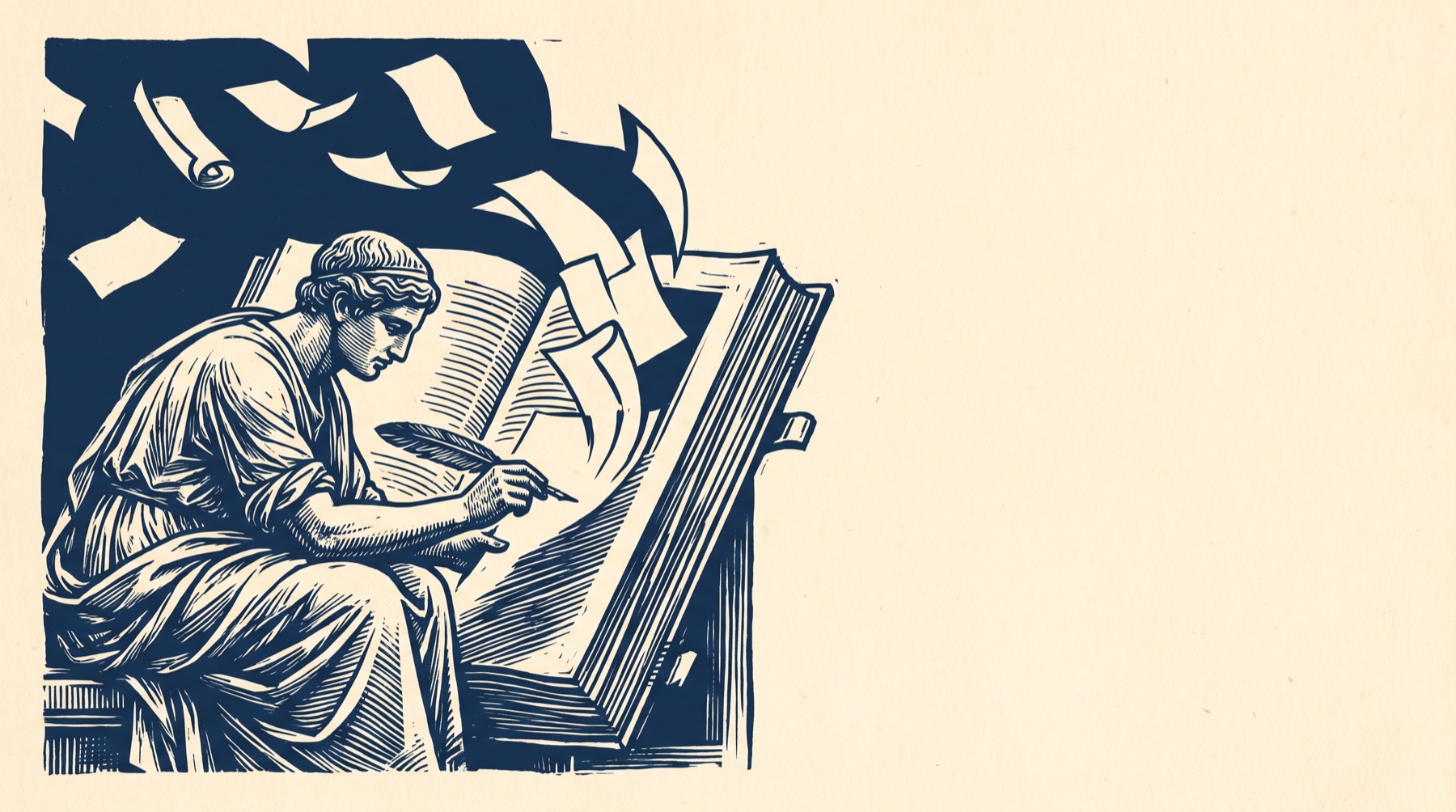 Гравюра: писар, в чиято книга се стичат летящи листа